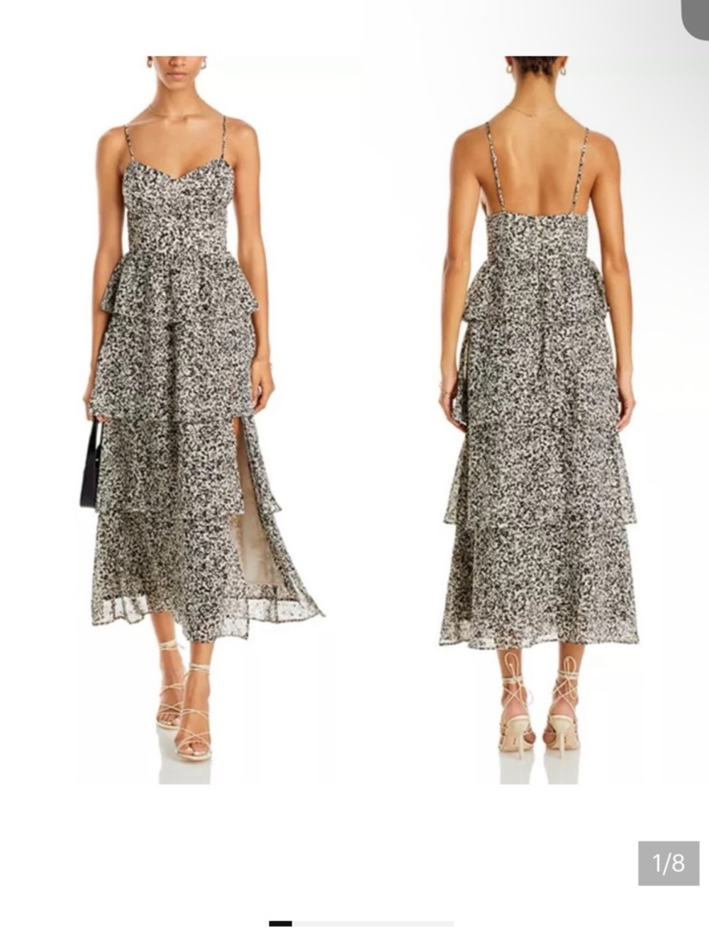Aqua Black and White Floral Tiered Spaghetti-Strap Midi Dress